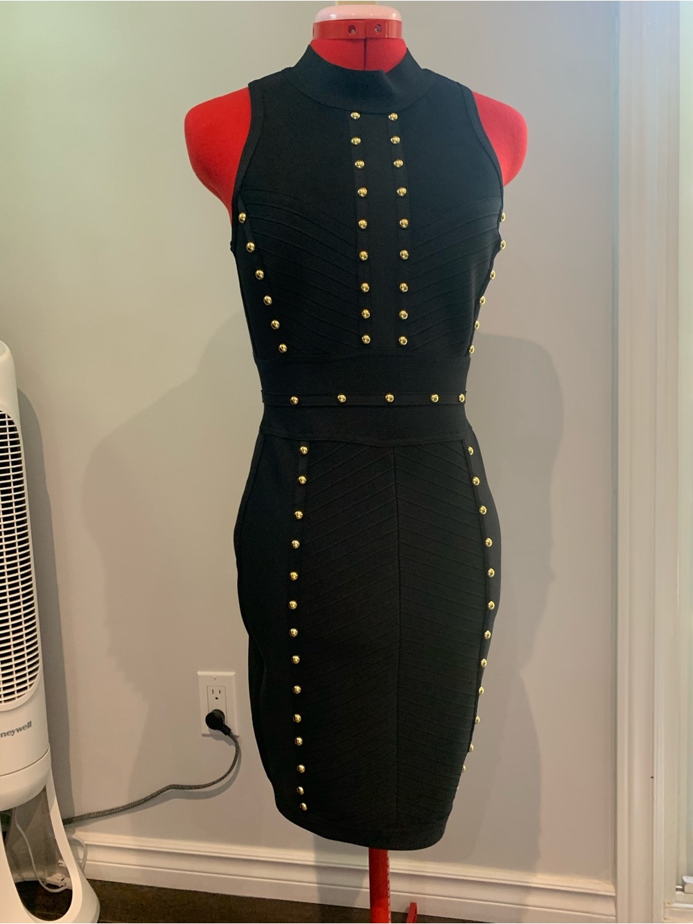 Fashion Nova Black Bodycon Midi Dress with Gold Studs